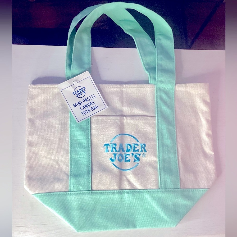 NWT Trader Joe’s Mini Canvas Tote Bag Pastel Green w Pastel Blue Embroider Logo